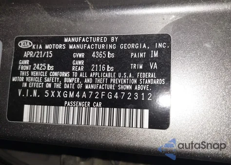 2015 Kia Optima Lx z USA, uszkodzony, nr VIN 5XXGM4A72FG472312